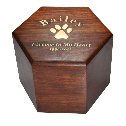 Pet Personalized Cremation Wood Urns: Paw Print Hexagon Wood Pet Urn